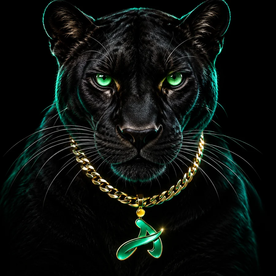 The IDigitalAKKi panther wearing the gold-and-emerald A pendant